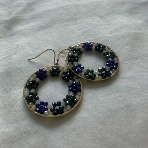 Elegant Gold and Blue Beaded Floral Hoop Earrings